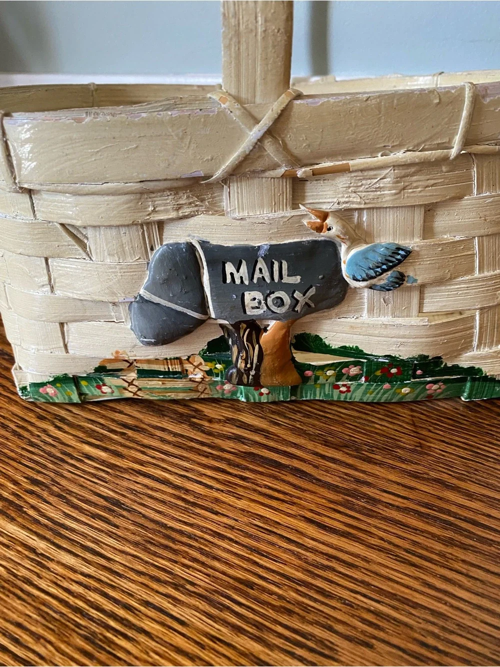 Vintage Wicker Mail Basket Raised Paint Design Mail Box Seagull Cottage Coastal